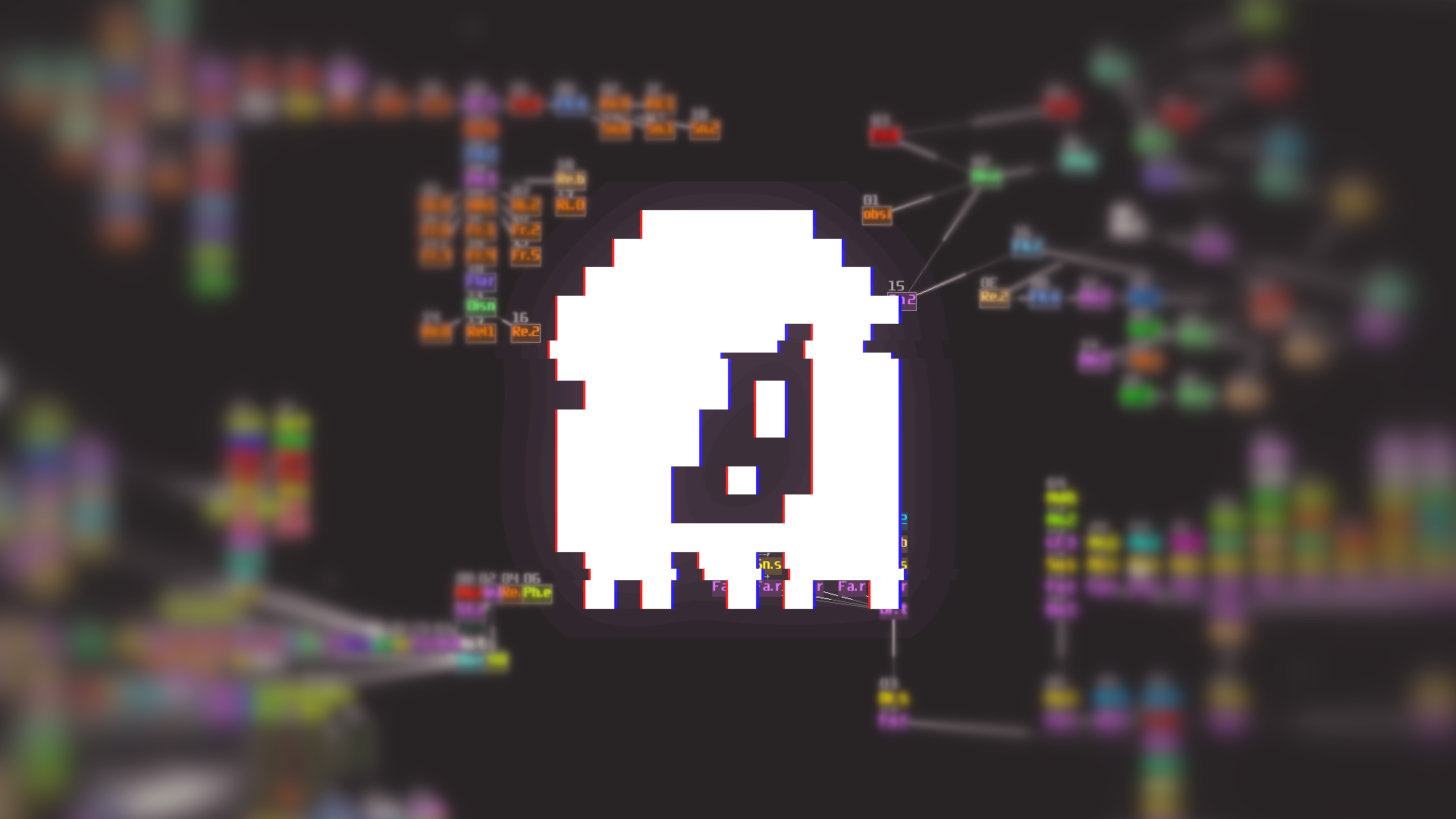 My logo, a 16x16 icon of a head with long hair and a black expression. There is some chromatic abberation and pixel shifting. Behind it is a blurred composite of the module layout of some of my SunVox projects.